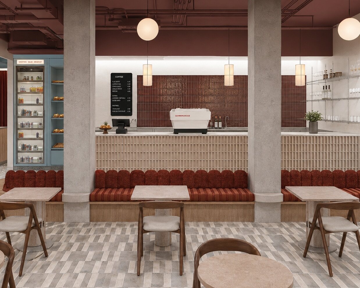 Ground Theory — red banquettes, fluted tile counter and globe pendants