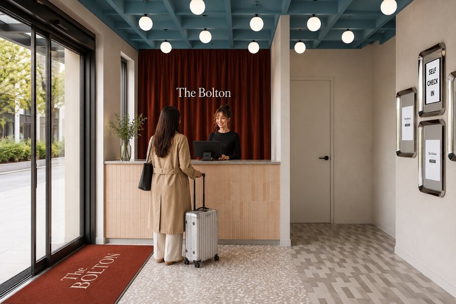 The Bolton reception — deep red curtain and timber desk