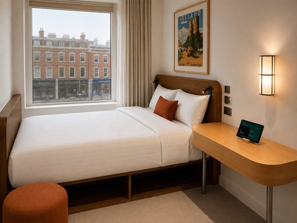 A room at The Bolton, with a curved timber desk and a window onto the Georgian terrace opposite