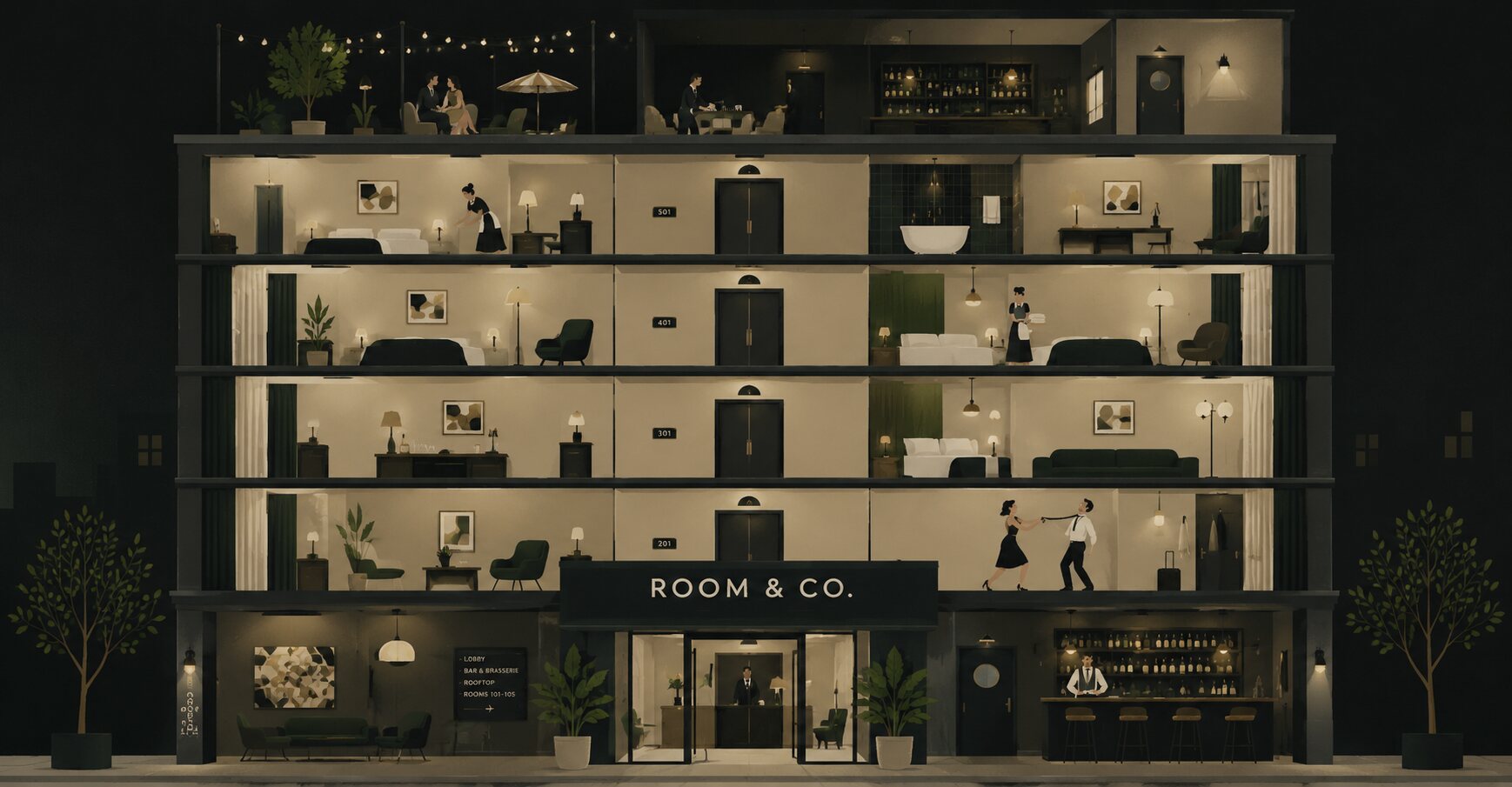 A cutaway illustration of a Room & Co. hotel at night: a rooftop terrace, four floors of guest rooms, and a lobby and bar at street level