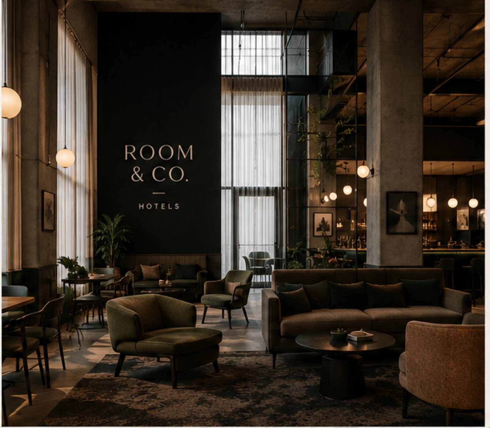 A Room & Co. lounge at dusk — deep green walls, velvet seating and low pendant light