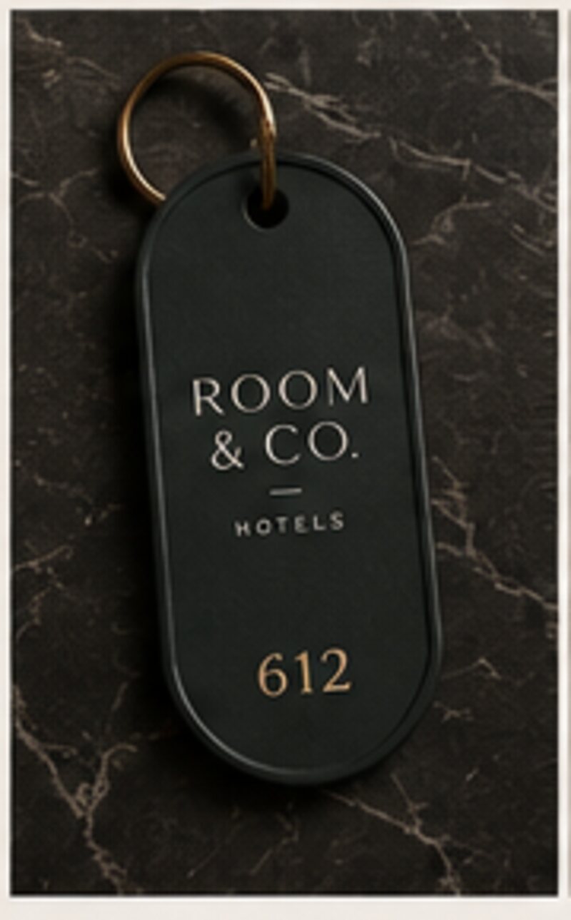 Room & Co. key fob with brass room numerals