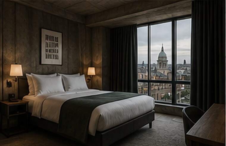 A room at The Phizz, with concrete ceiling and a view across the north city