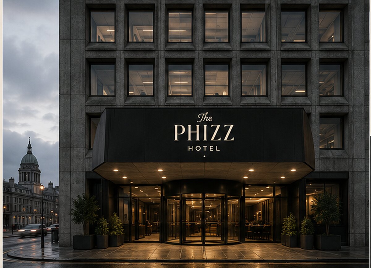The entrance canopy at The Phizz, lit against board-marked concrete