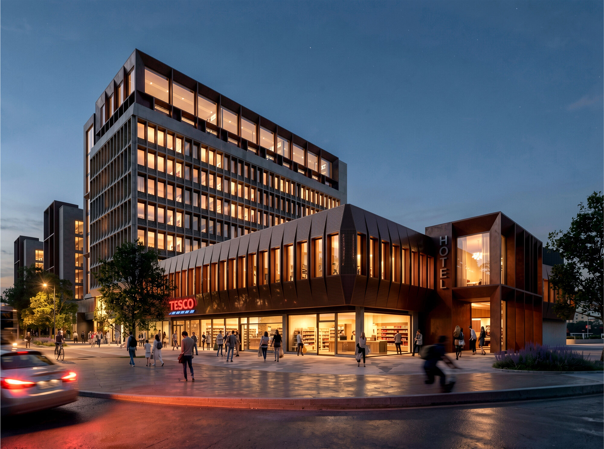 The Phizz at dusk — the refurbished 1960s tower above Phibsborough, lit floor by floor