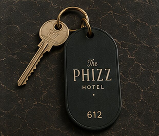 A Phizz key and room fob, number 612