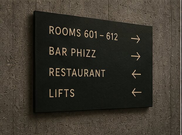 Wayfinding at The Phizz — rooms 601 to 612, Bar Phizz, restaurant, lifts