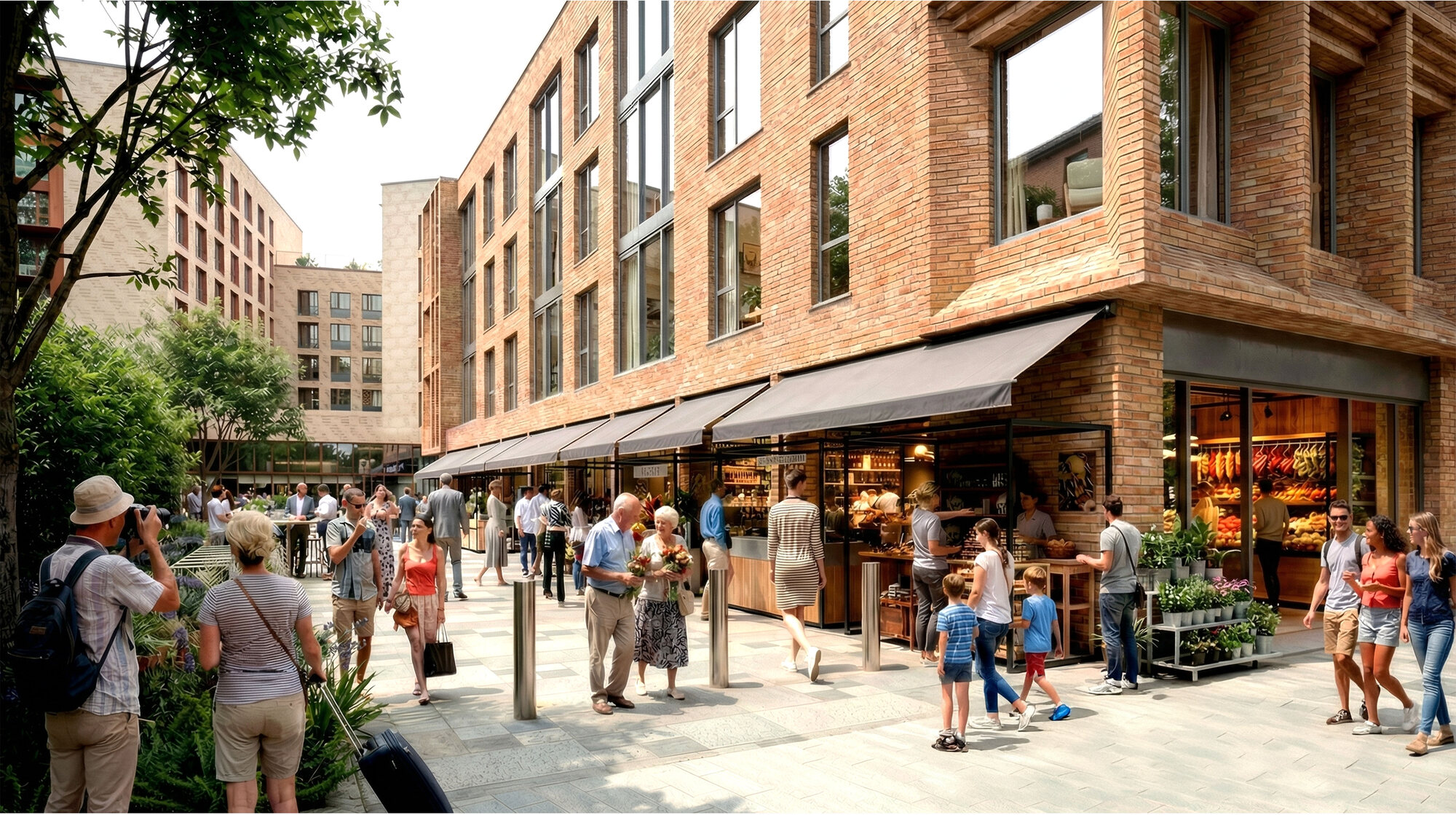 Tramyard — the market arcade at street level, awnings out and shopfronts open